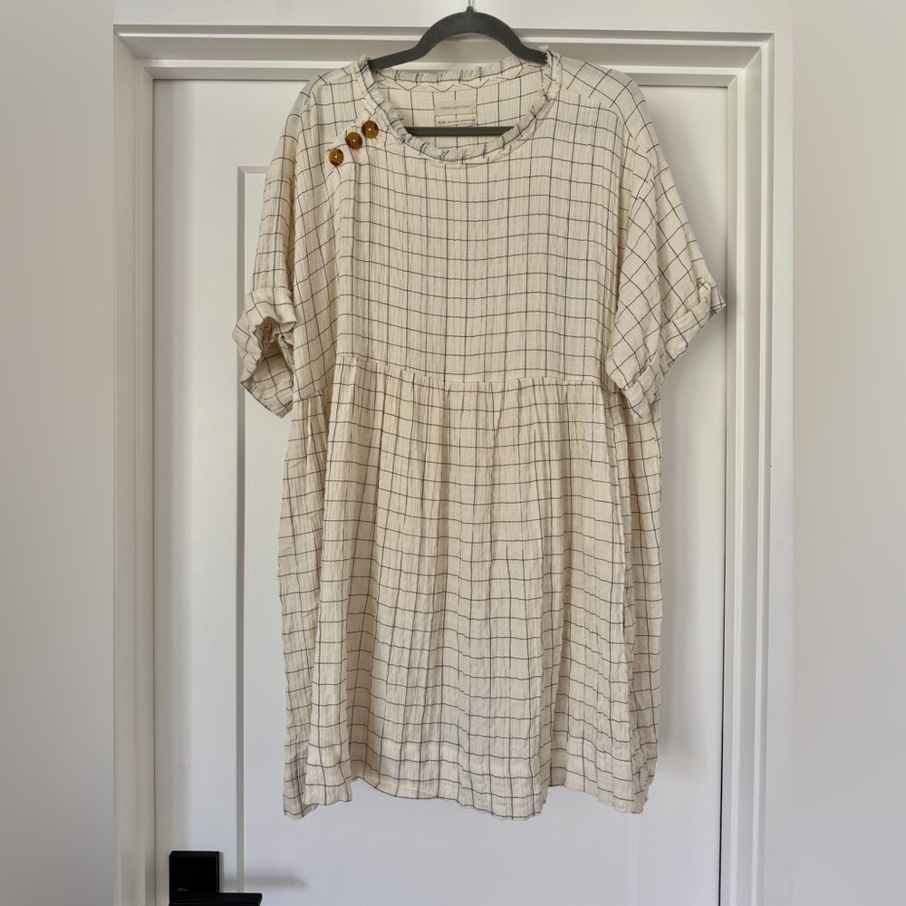 UO Dina Frock Dress - Cream Windowpane Tunic with Button Detail - M/Lg